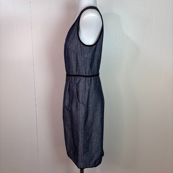 Ann Taylor Sheath Dress 0 Navy Blue Chambray Sleeveless V-Neck Pockets Women's - Picture 4 of 11